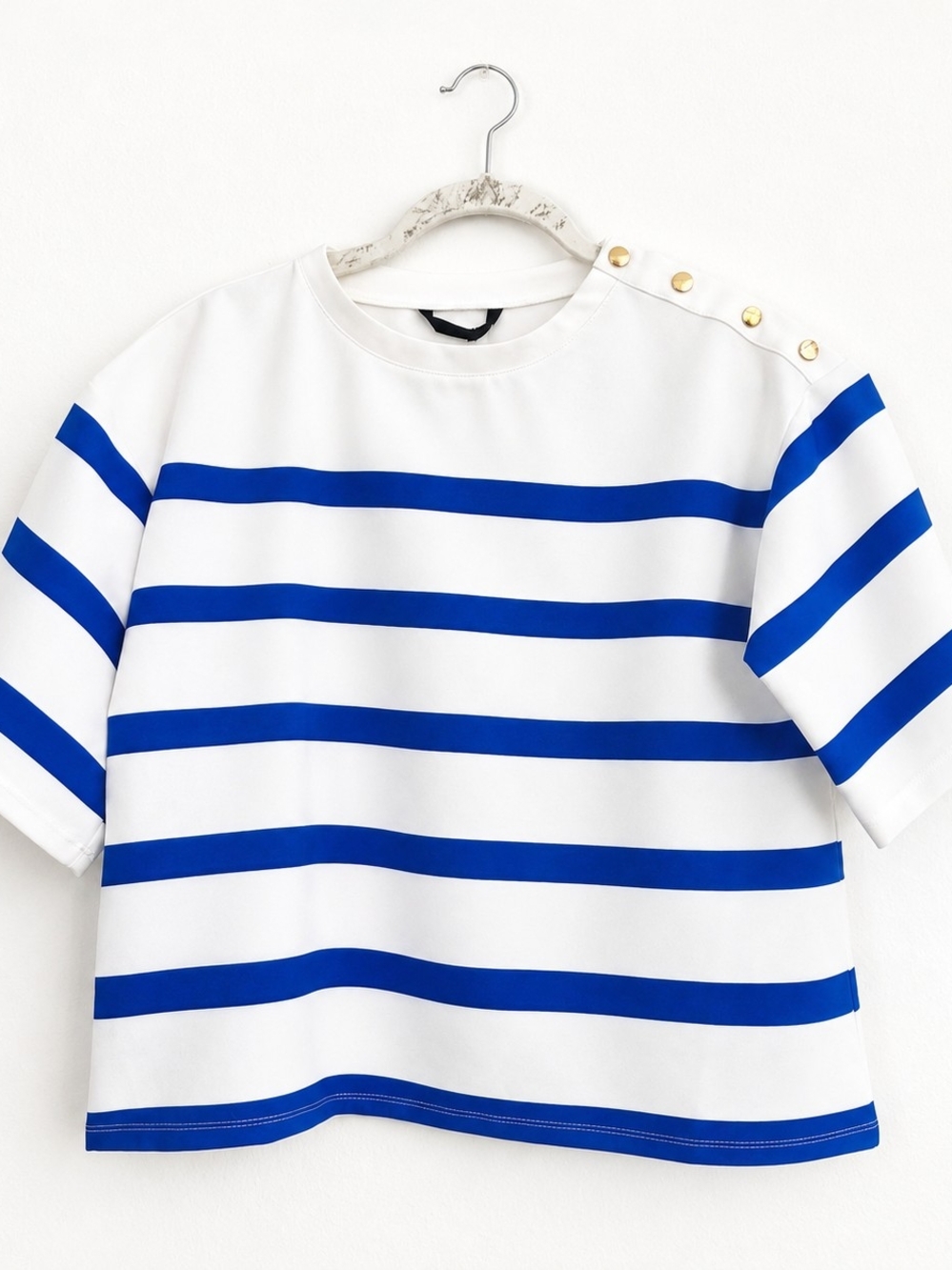 Zara Striped Button-Shoulder White & Blue Top Size M NWT